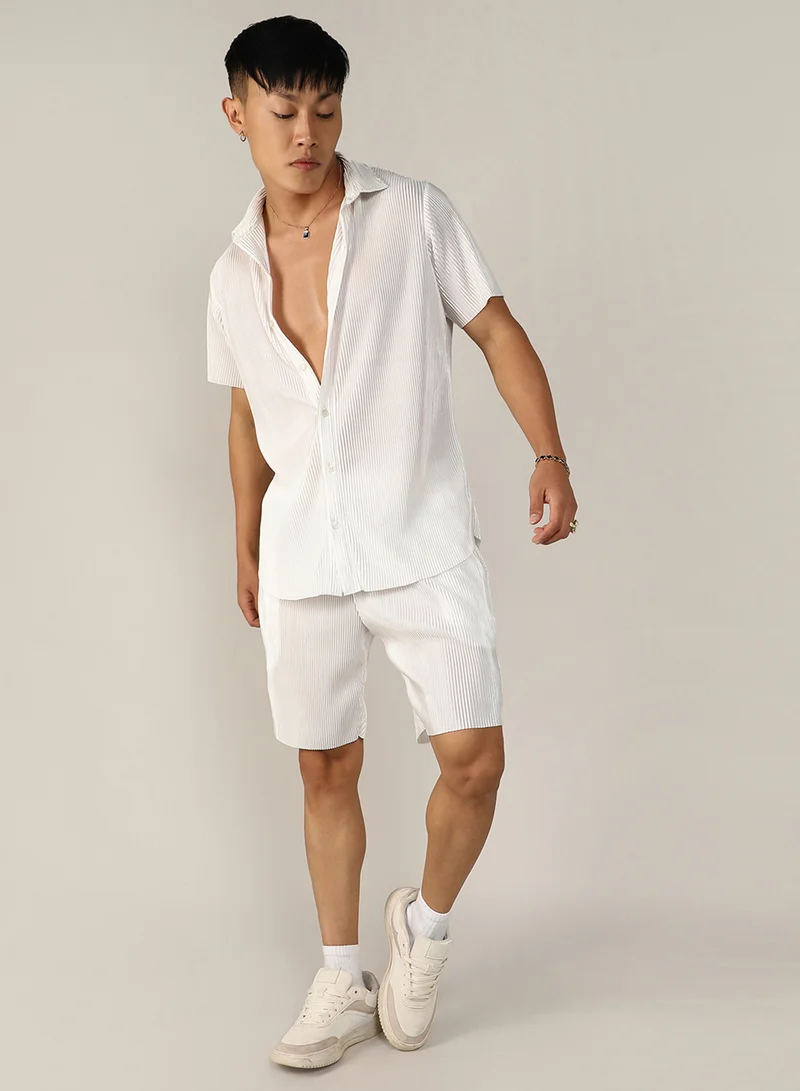 CAHOOT  Men's Chalk White Pleated Co-Ord Set For Casual Wear | Spread Collar | Short Sleeve | Button Closure | Co-Ords Crafted With Comfort Fit For Everyday Wear for Men | Best Price UAE